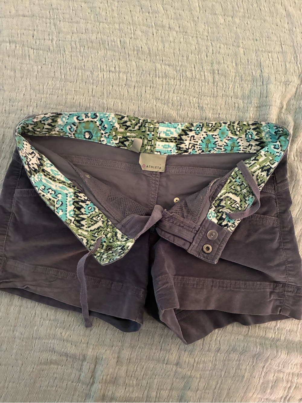 Athleta Gray Shorts with Patterned Green-Teal Waistband